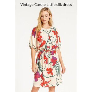 Carole Little Vintage Silk Dress Sz 12 Tropical Floral, Belted, Dolman Sleeves